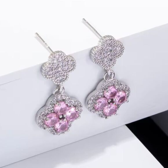 Pink Four-Leaf Clover Micro Pave Diamond Earrings - Picture 2 of 4